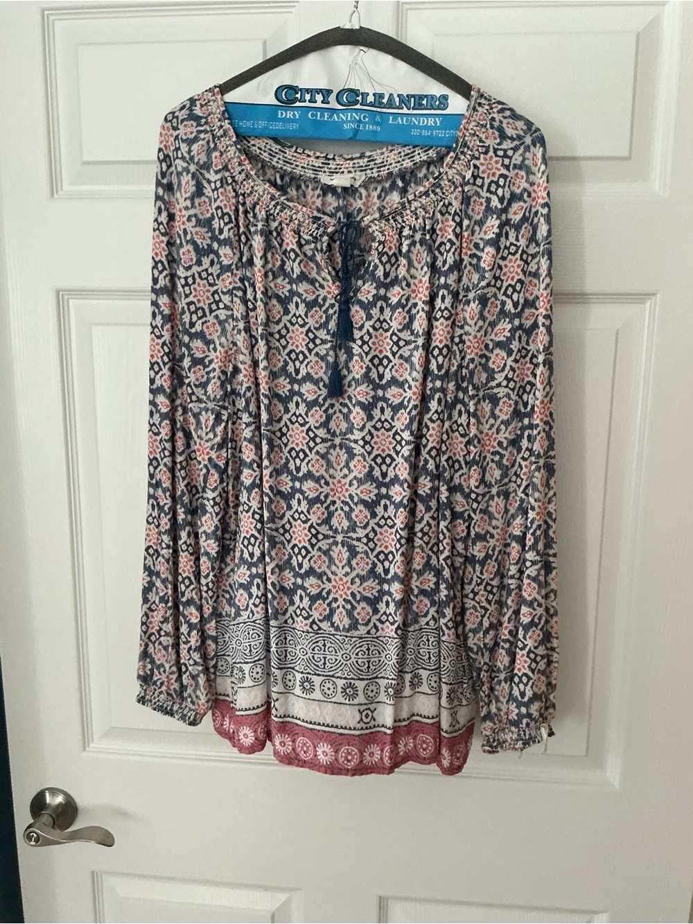 Women's Navy and Pink Printed Peasant Blouse